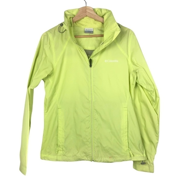 Columbia Bright Neon Yellow Green Packable Lightweight Rain Jacket M - Picture 1 of 6